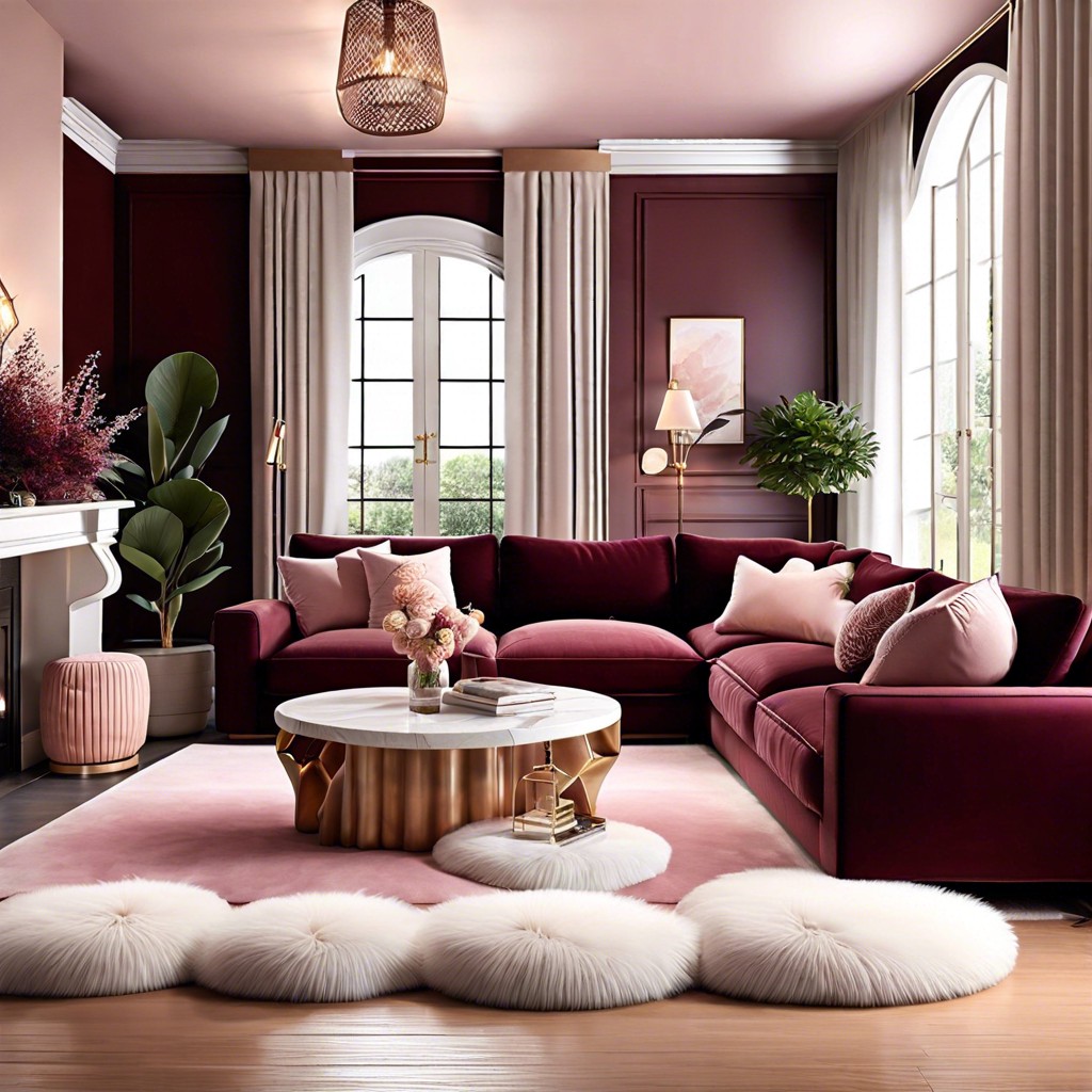 soft and romantic use pastel cushions and fluffy rugs to soften the bold sofa