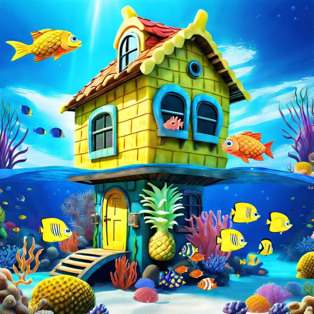 spongebobs pineapple house underwater with fish