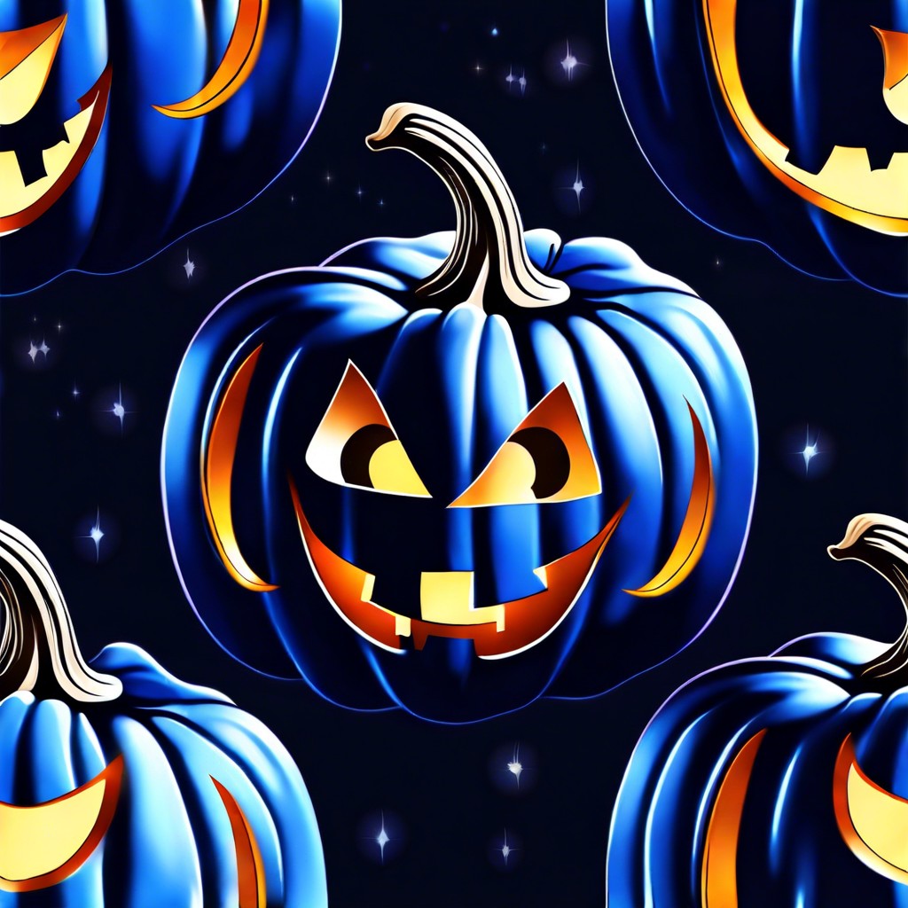 spooky spirits wavy ghosts surrounding a dark blue pumpkin