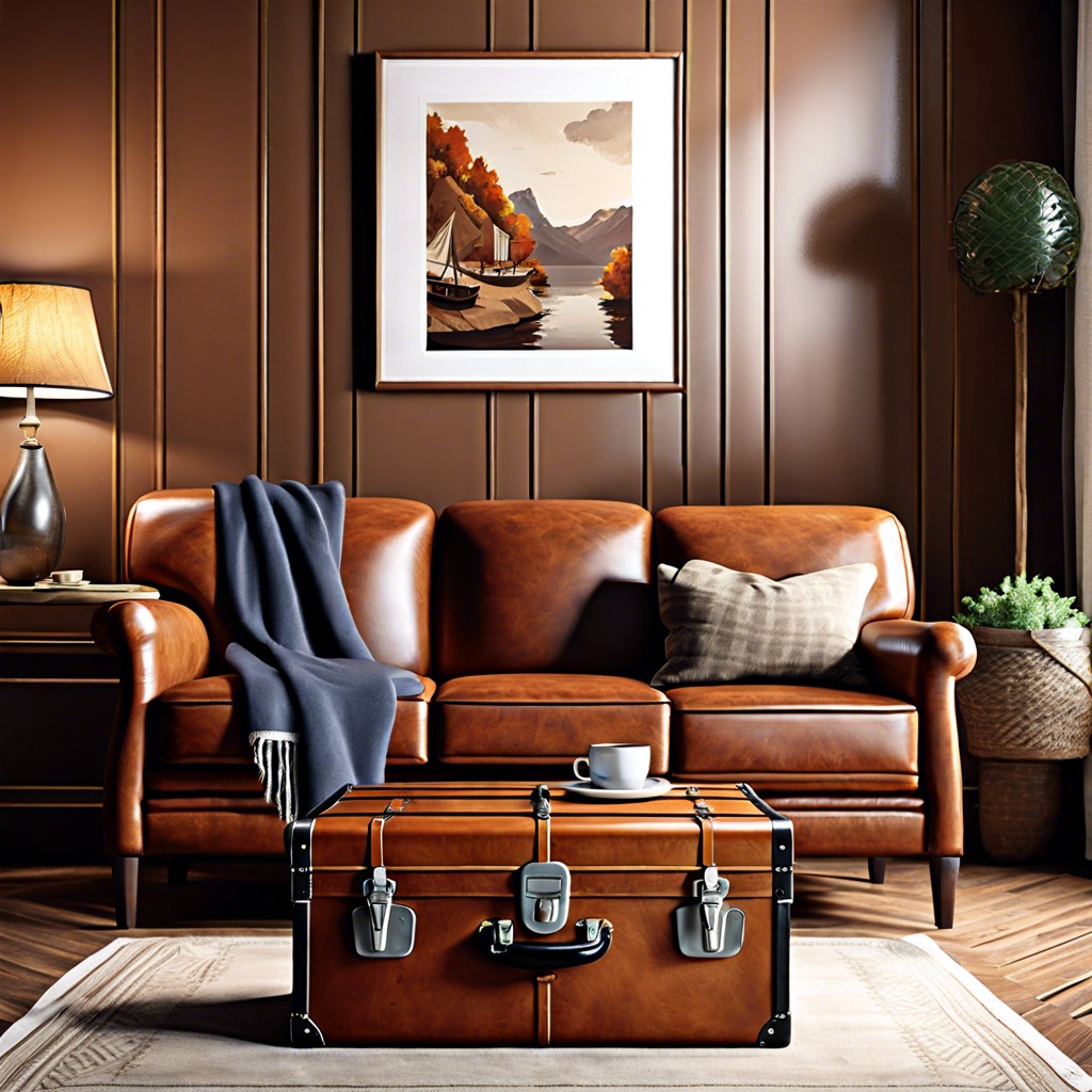 style a cognac sofa with vintage travel trunks as tables