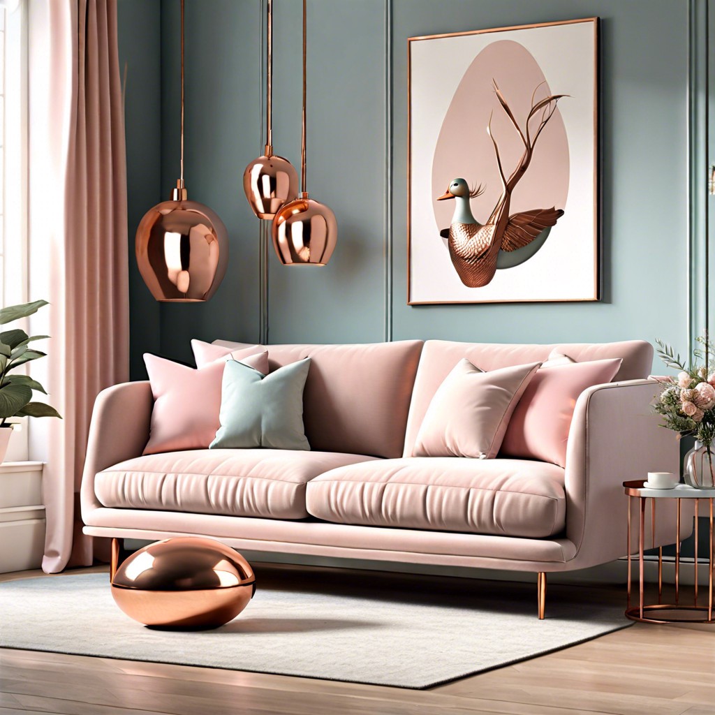 style a duck egg blue couch with blush pink and copper accents