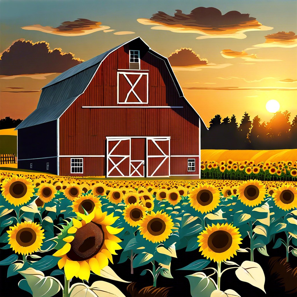 sunflower field with a rustic barn