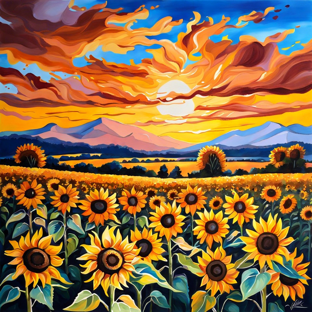 sunflowers at sunset with a vivid sky