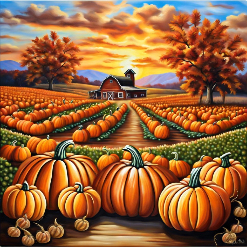 sunset over a pumpkin patch