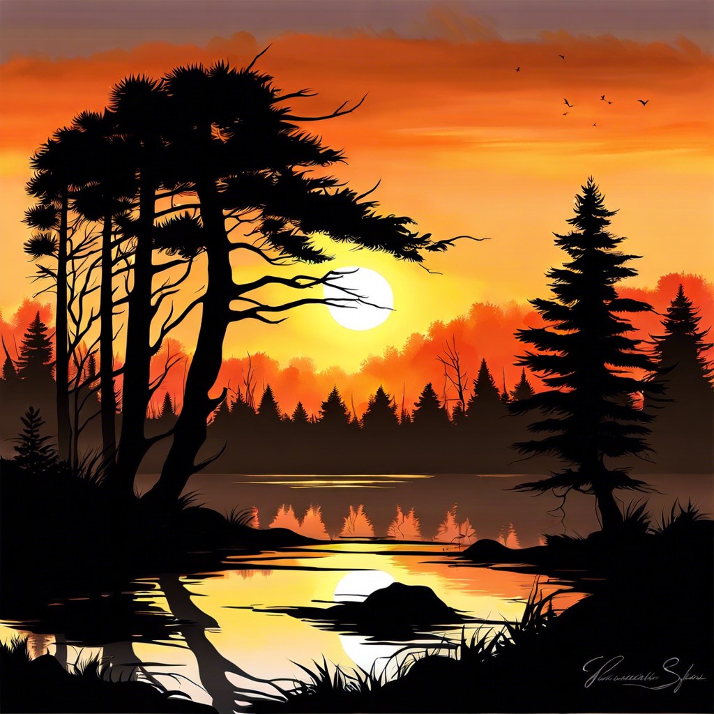 sunset over a silhouette forest