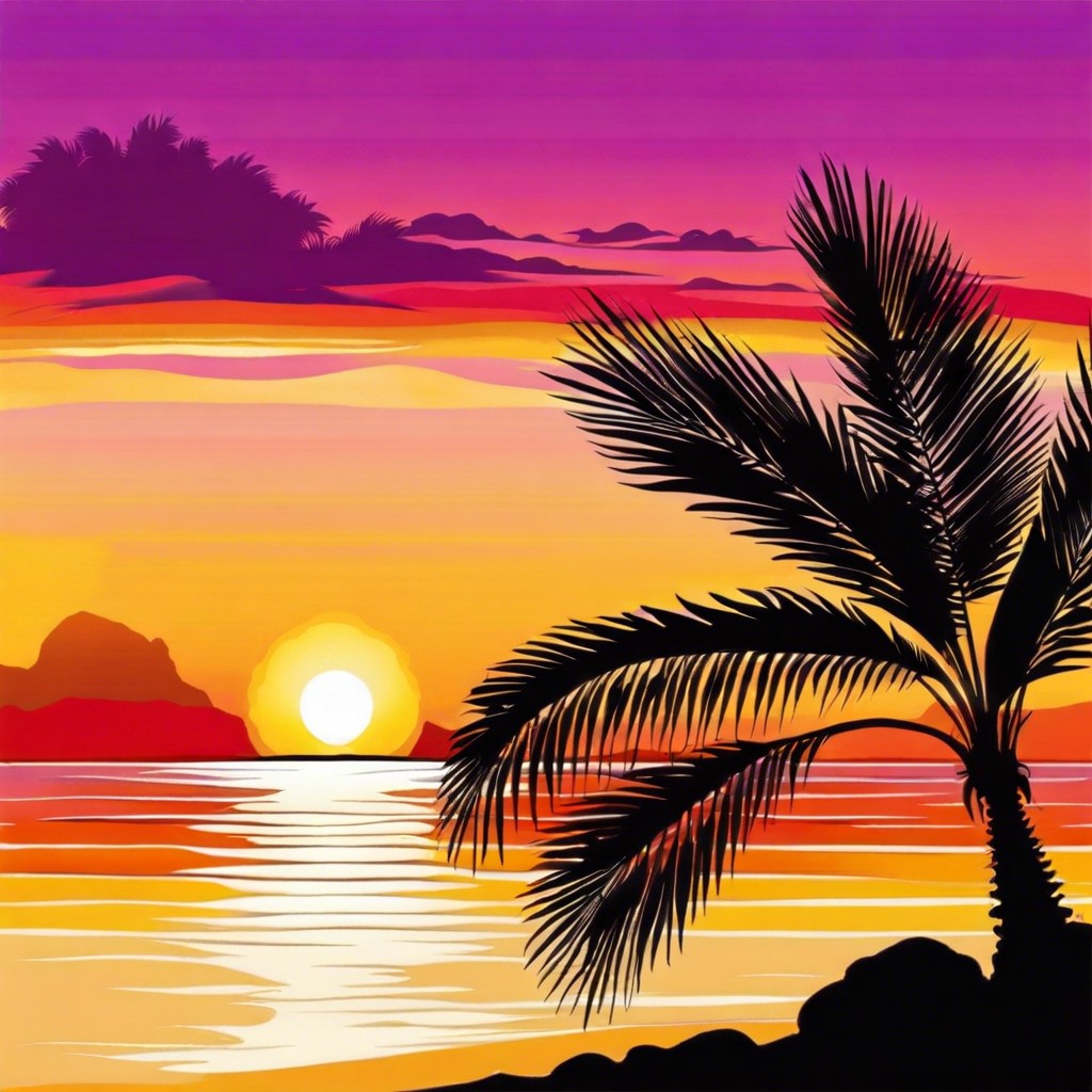 sunset scenes paint vibrant sunset colors with a small silhouette of a palm tree