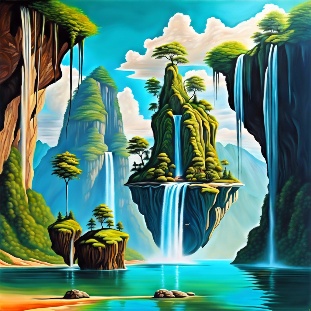 surreal floating islands with cascading waterfalls