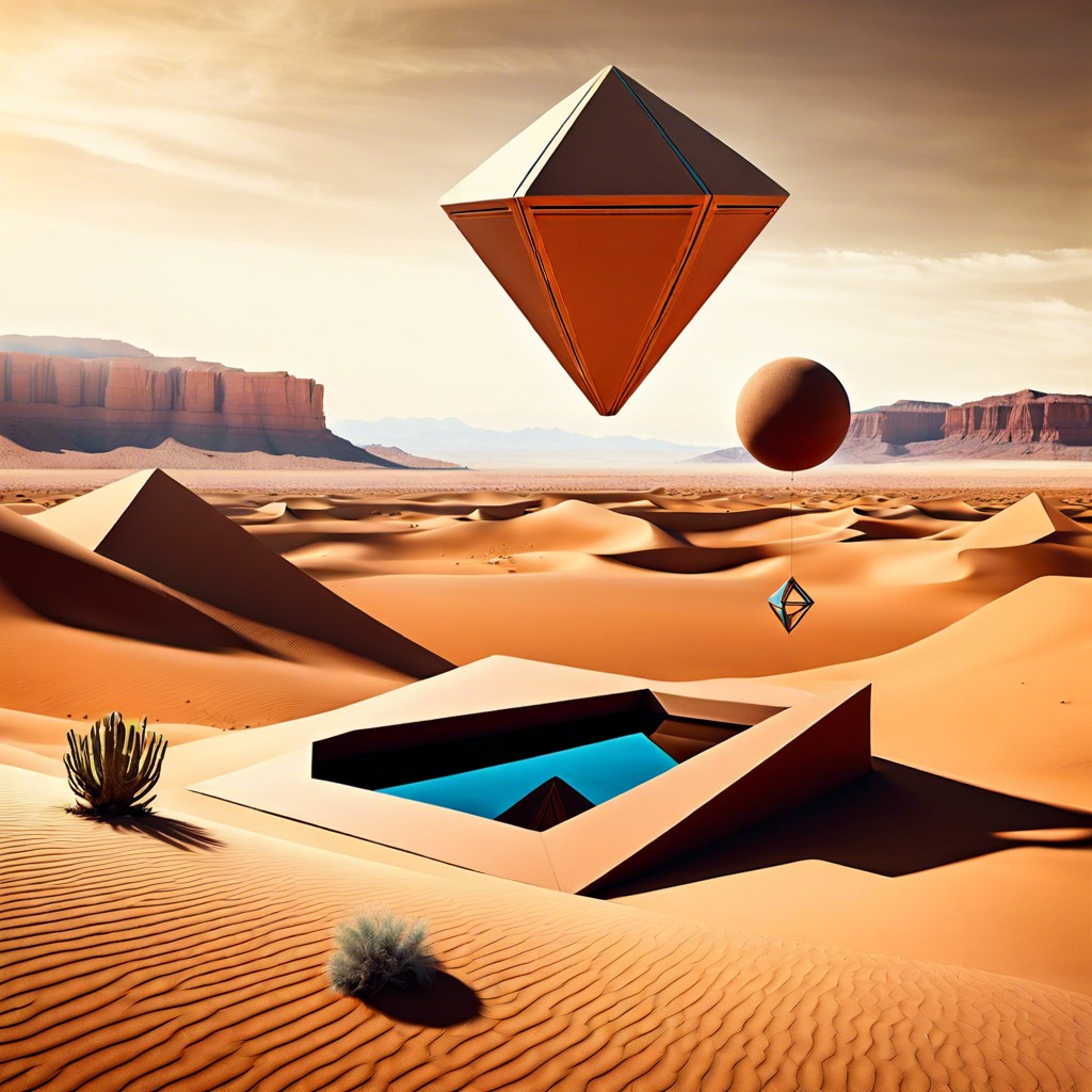 surrealist desert with floating elements