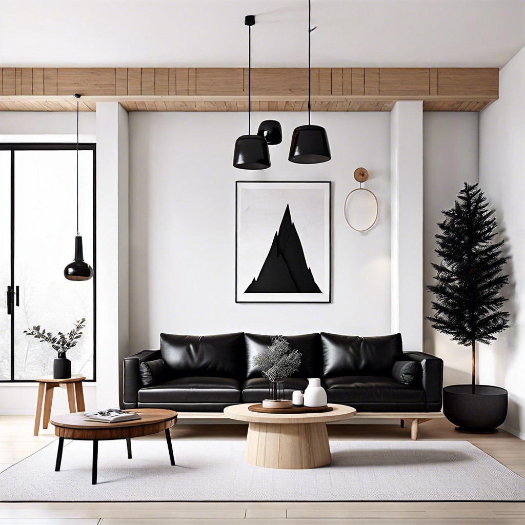 surround a black leather couch with scandinavian minimalist decor