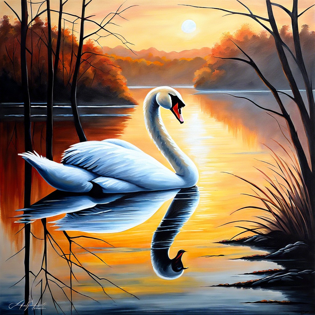 swan lake at dawn with mist over the water