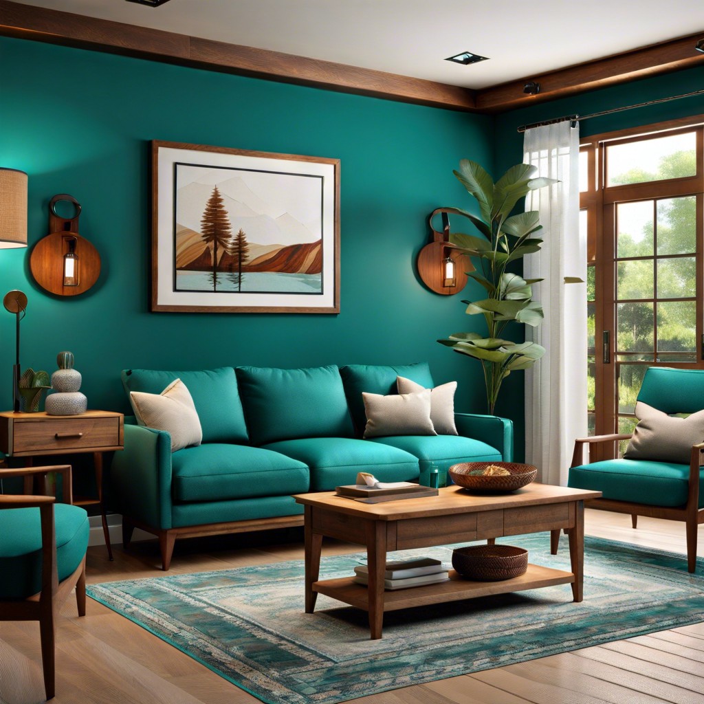 teal and warm wood tones