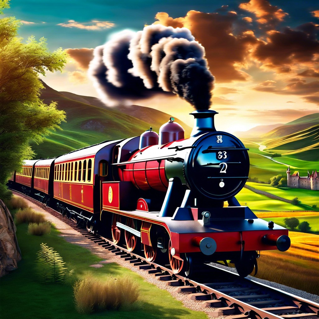 the hogwarts express steaming through the countryside