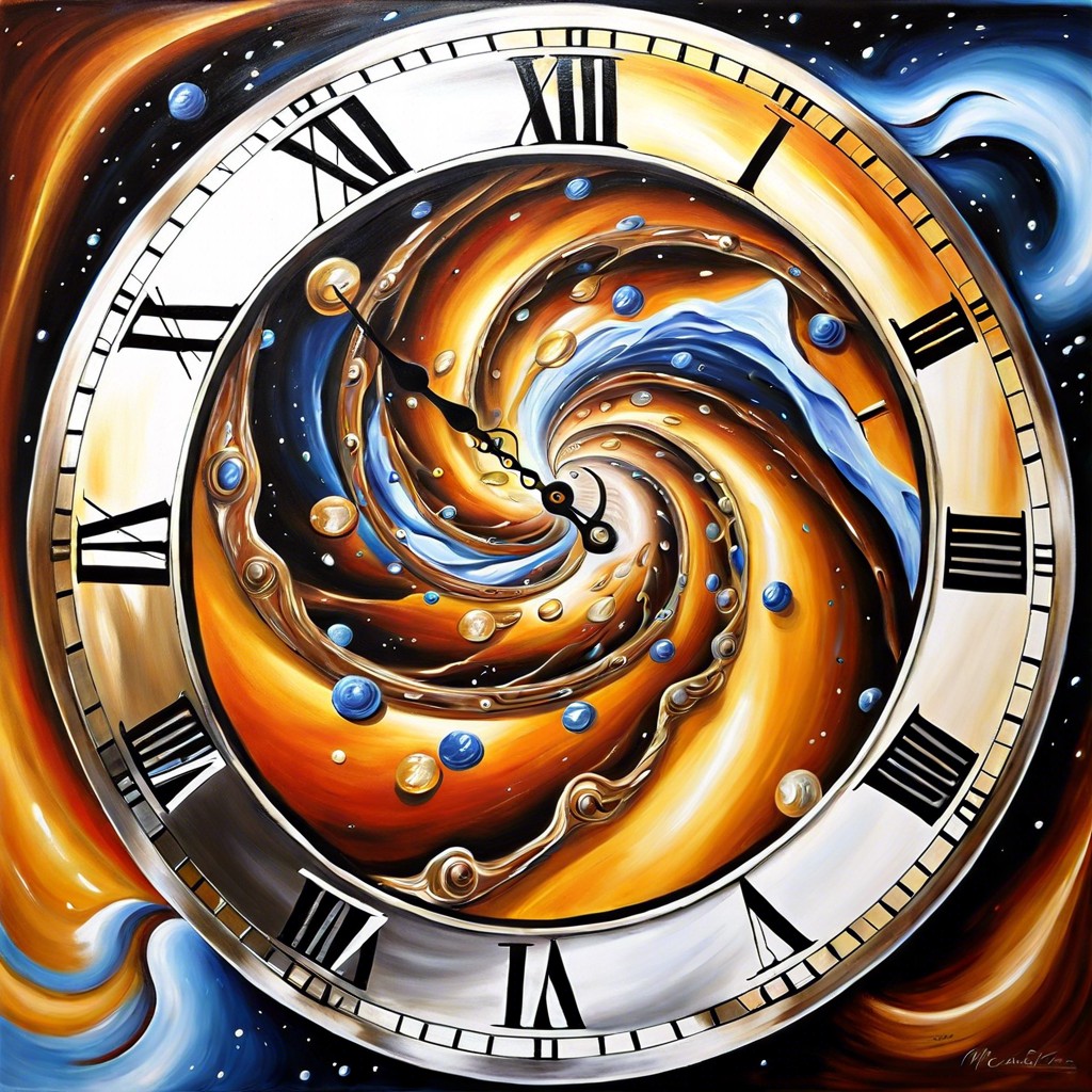 time warp clock faces melting amidst swirling backgrounds