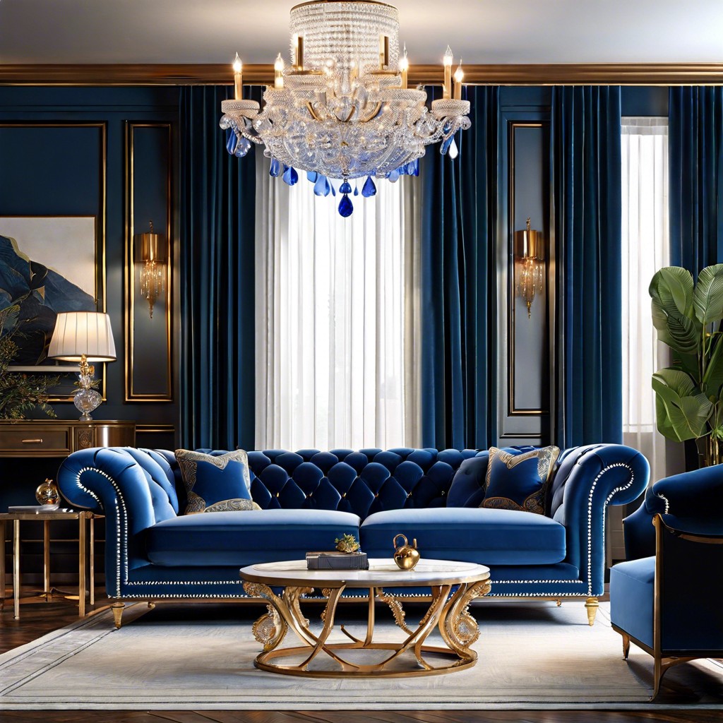 timeless elegance crystal chandeliers and sheer curtains dancing with blue velvet