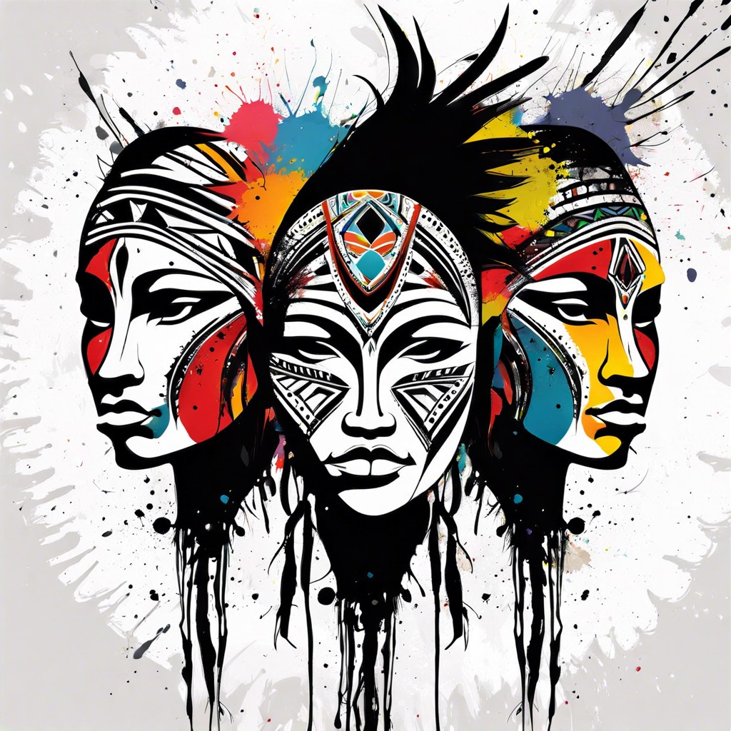 tribal inspired abstract faces with splatter paint