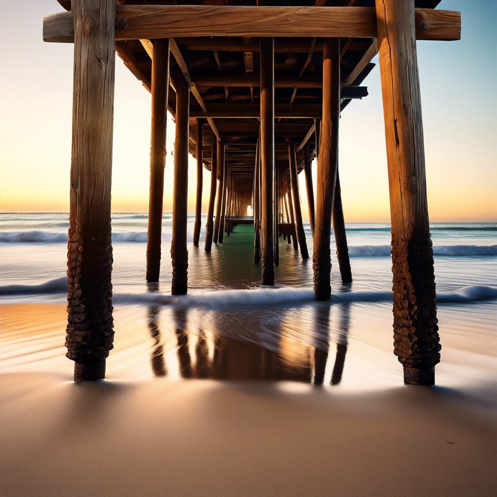 under the pier peaceful beach scene viewed from under a wooden pier