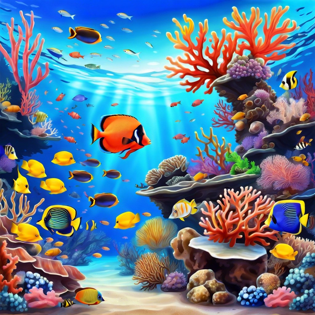 underwater life paint colorful coral reefs and small fish