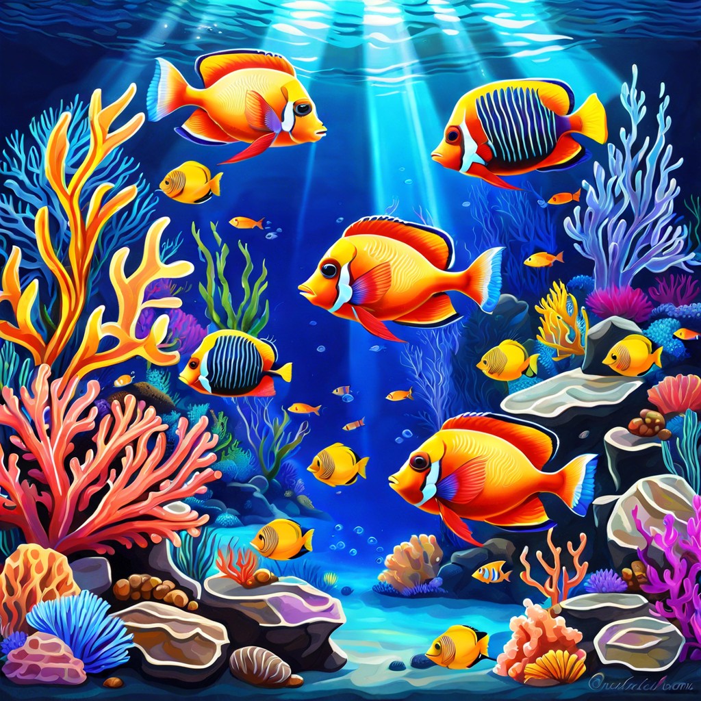 underwater scene with coral reefs and fish