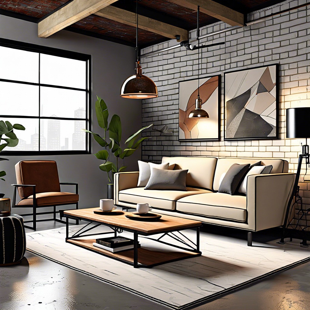 urban edge with beige couch and industrial decor