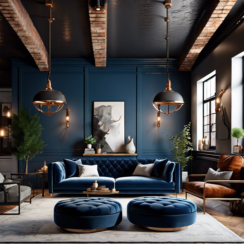 urban loft style exposed brick and metal elements with blue velvet luxury
