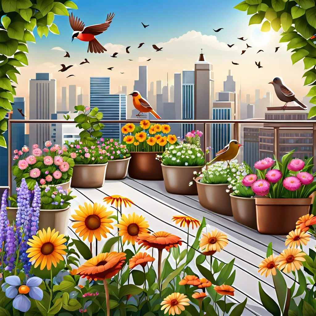 urban oasis rooftop gardens bustling with flowers and birds