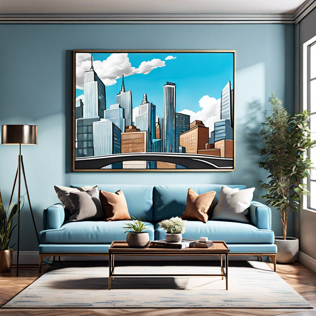 urban oasis with sky blue sofa amp cityscape art