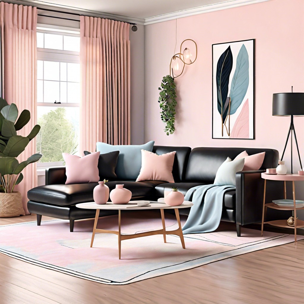 use a black couch as a contrast in a pastel room