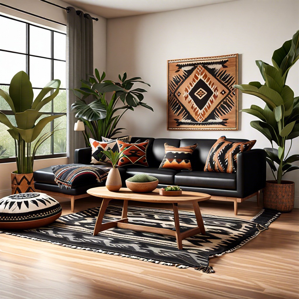 use a black leather couch as a base for ikat or tribal patterns