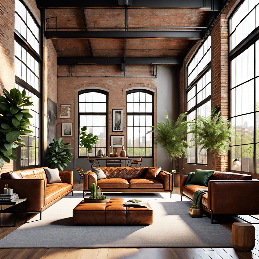 use cognac sofa in an industrial loft design