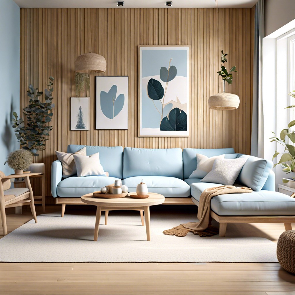 use minimalist scandinavian designs around a baby blue couch