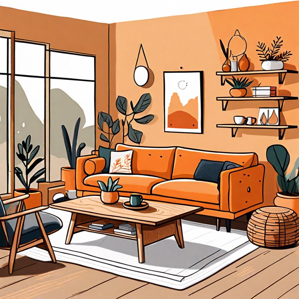 use of natural wood elements to complement the orange hue
