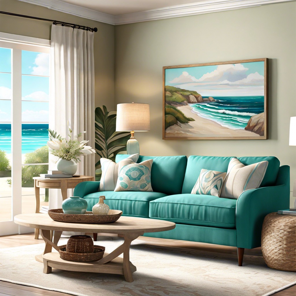 use the sofa as a centerpiece in a coastal themed room