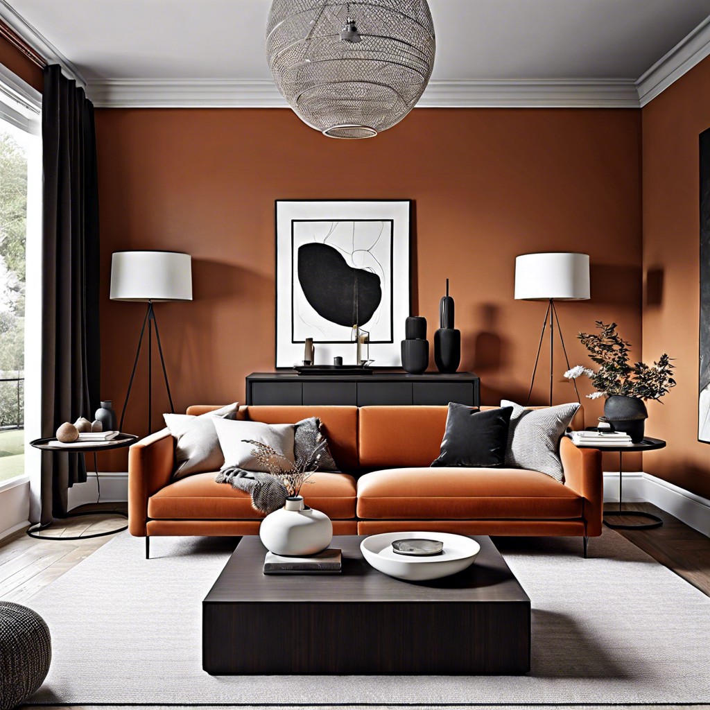 using a minimalist approach to let the burnt orange sofa be the rooms focal point