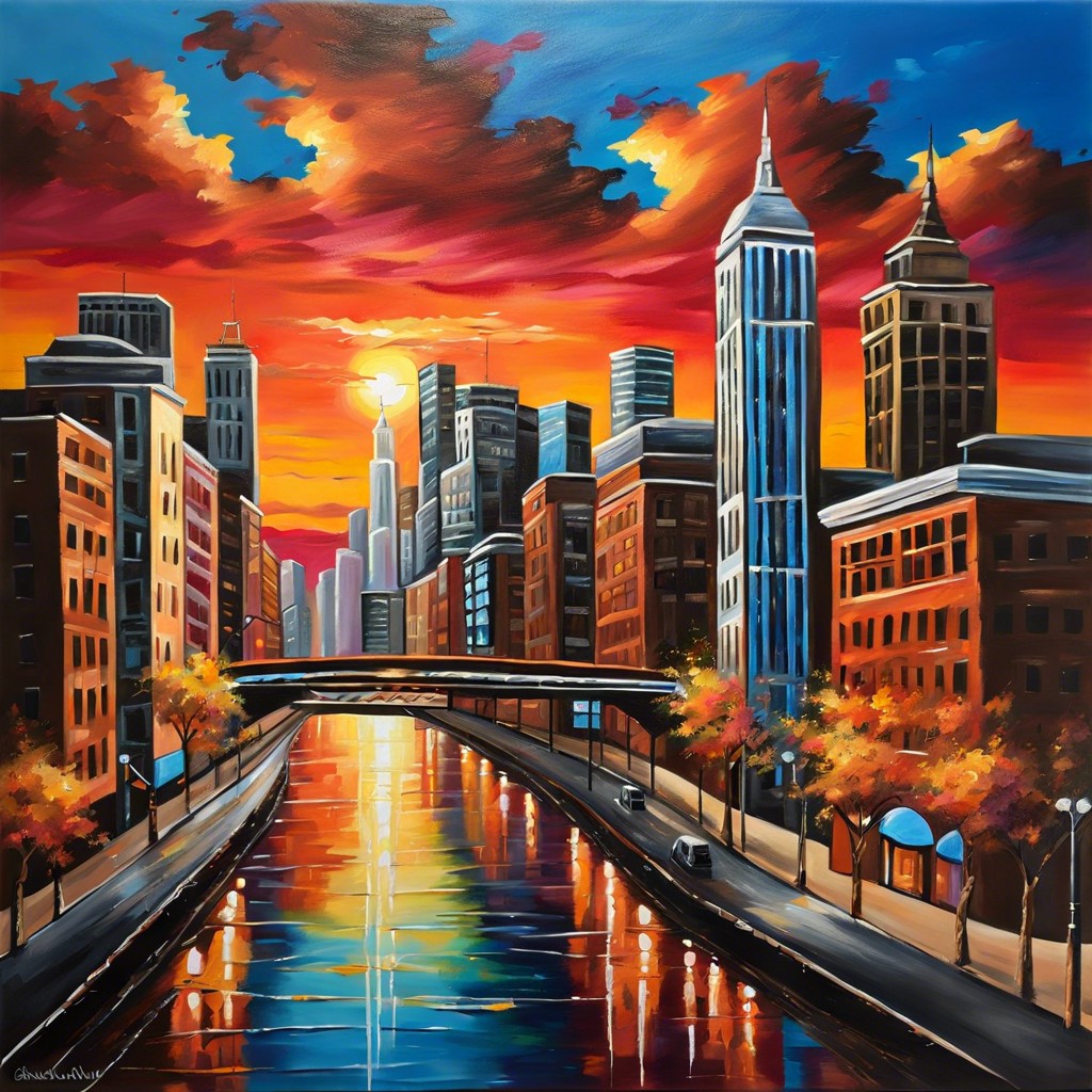 vibrant cityscape at sunset