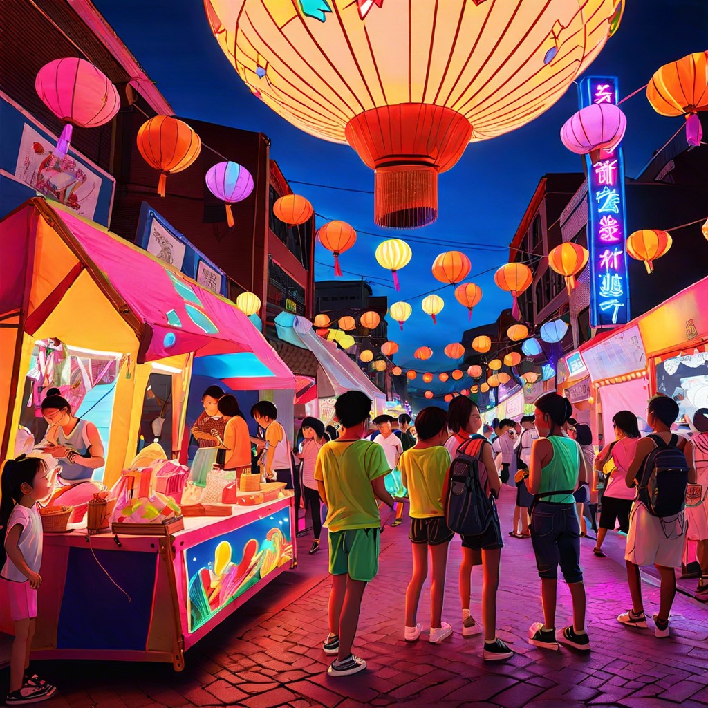 vibrant street festival with neon lights