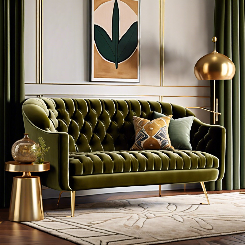 vintage flair olive green velvet sofa