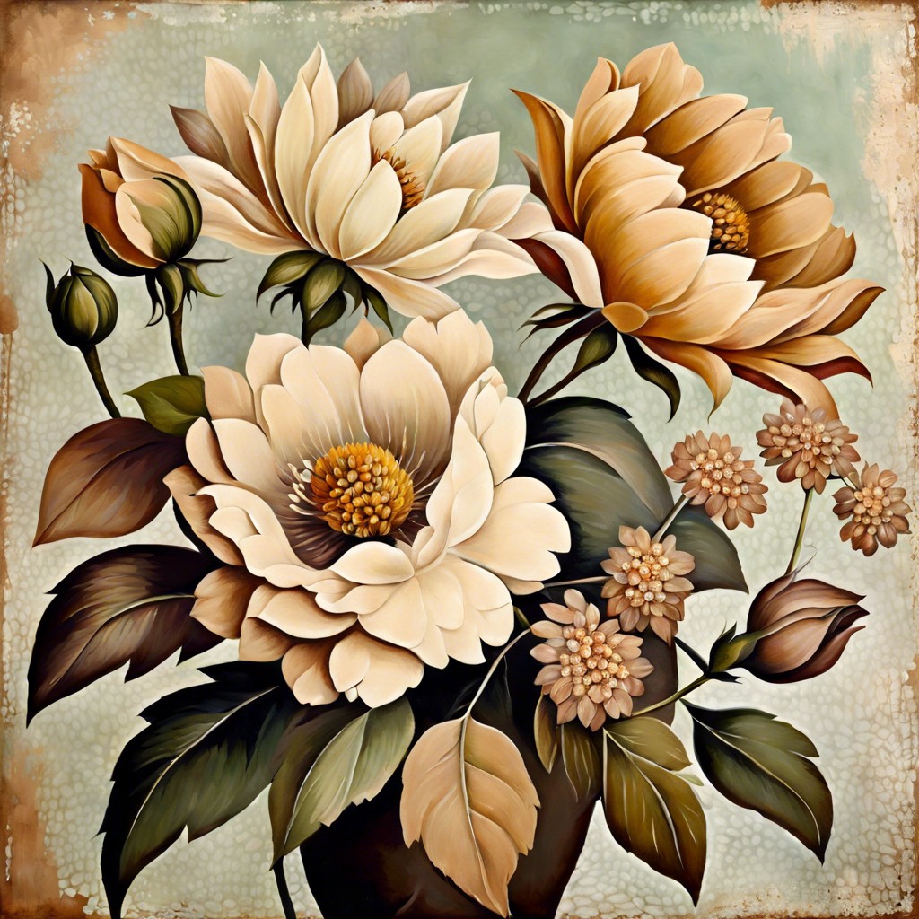 vintage style use muted colors and textures to give the floral painting a vintage feel