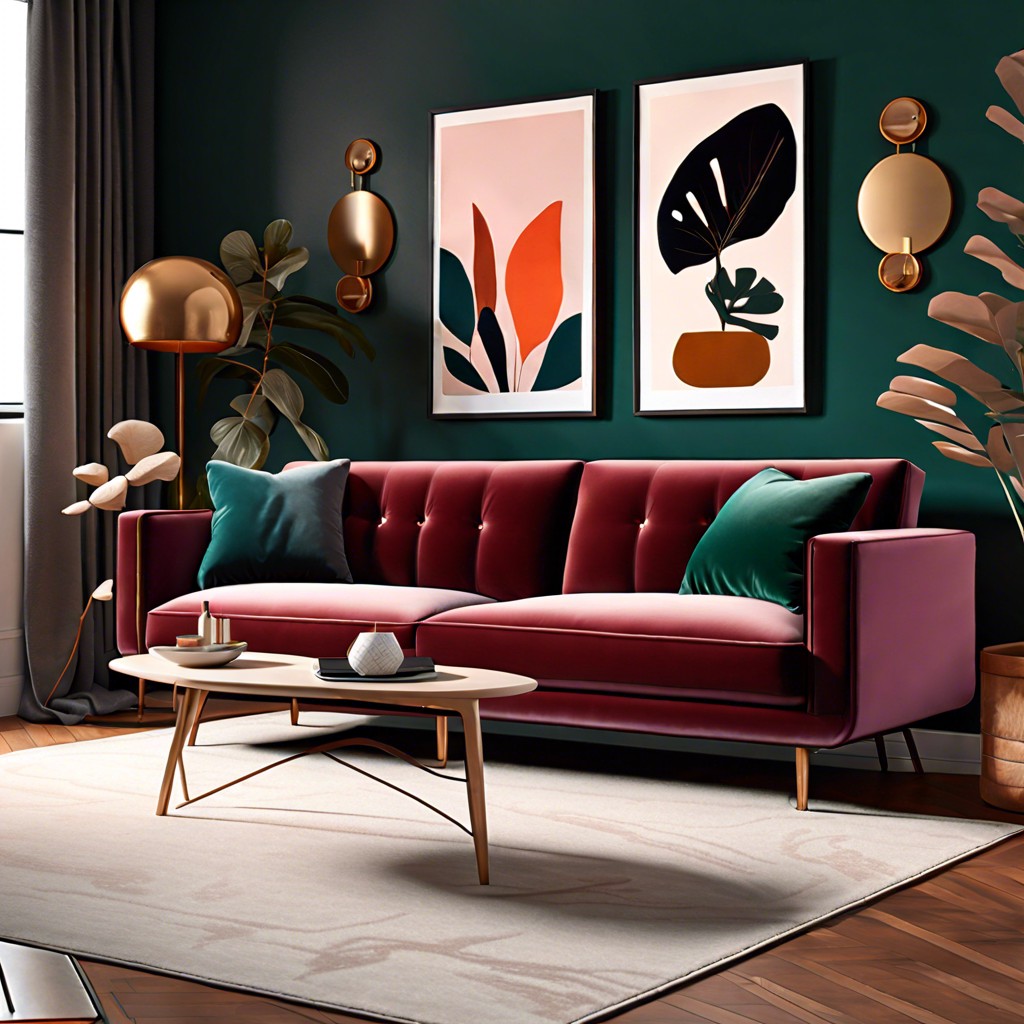 vintage vibe retro sofas alongside modern pieces