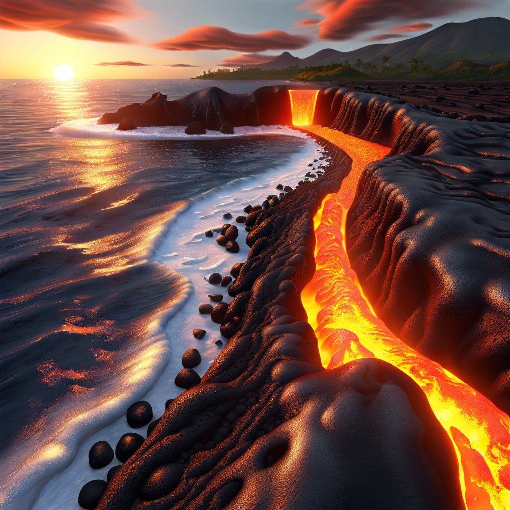 volcanic lava flow meeting the ocean