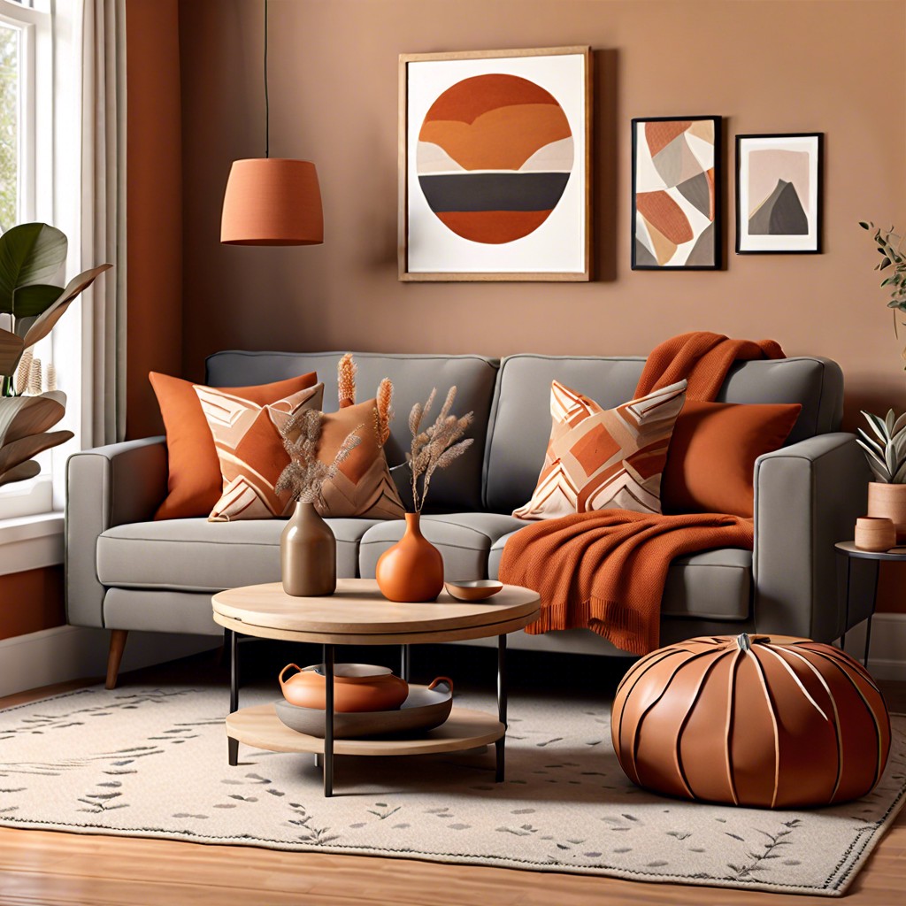 warm up a space with earthy orange and terracotta around a grey couch