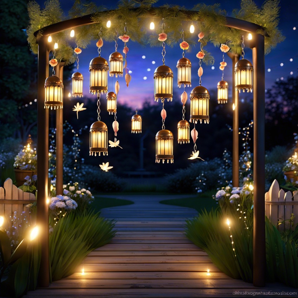 whimsical garden with wind chimes and fairy lights