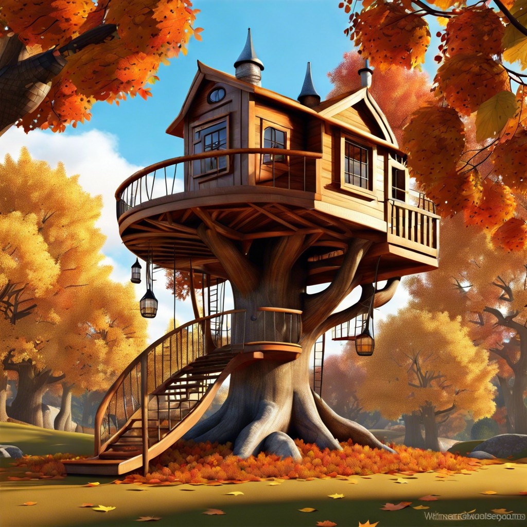 whimsical treehouse in autumn