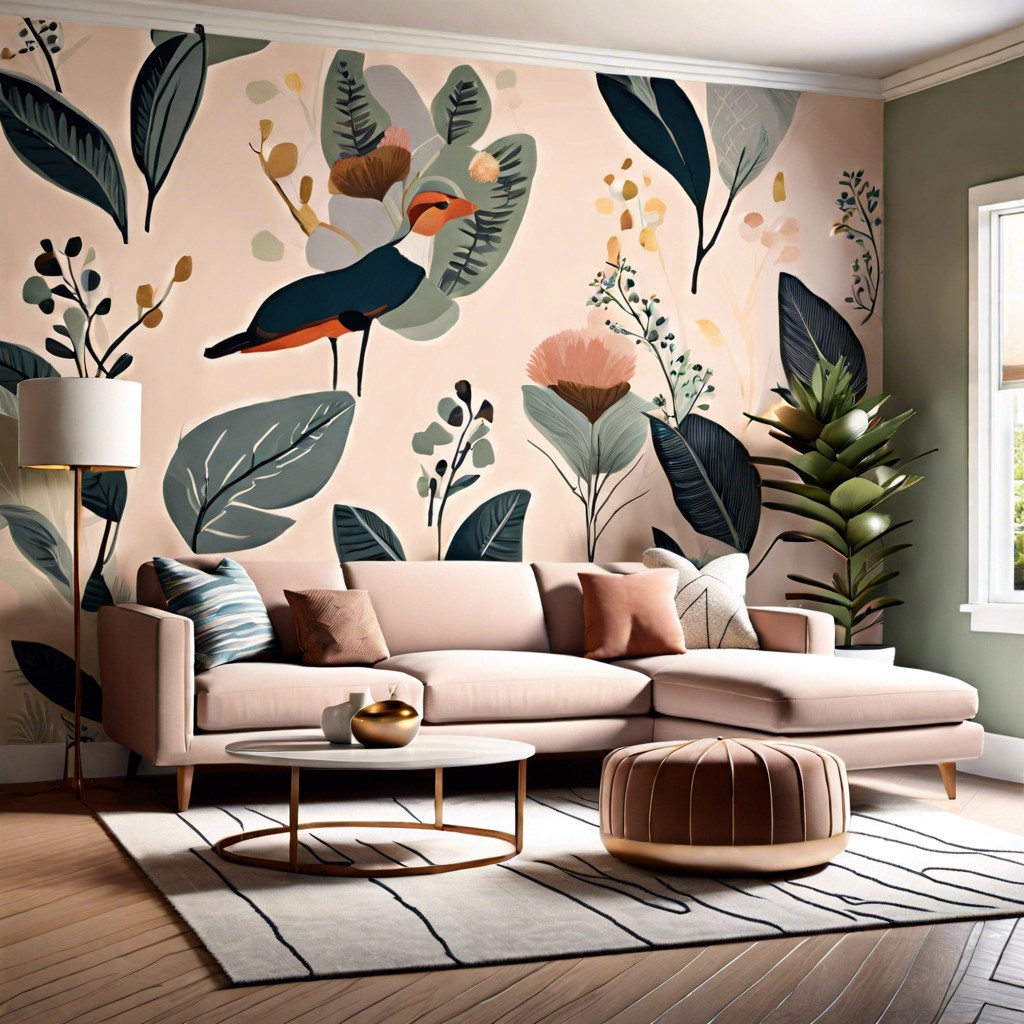whimsical wallpapers use bold wallpaper on a single wall to create a backdrop for the sectional