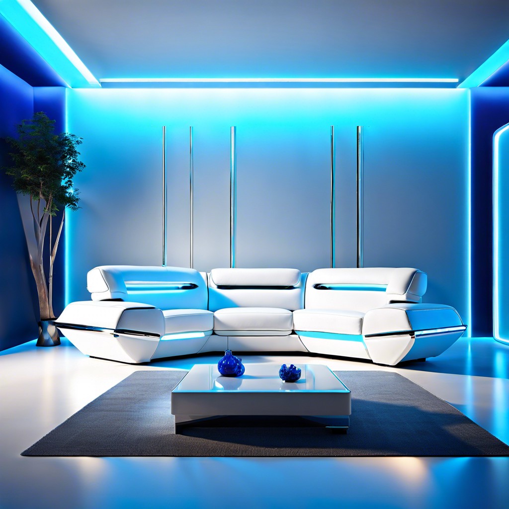 white leather sofas in a high tech or futuristic room setting