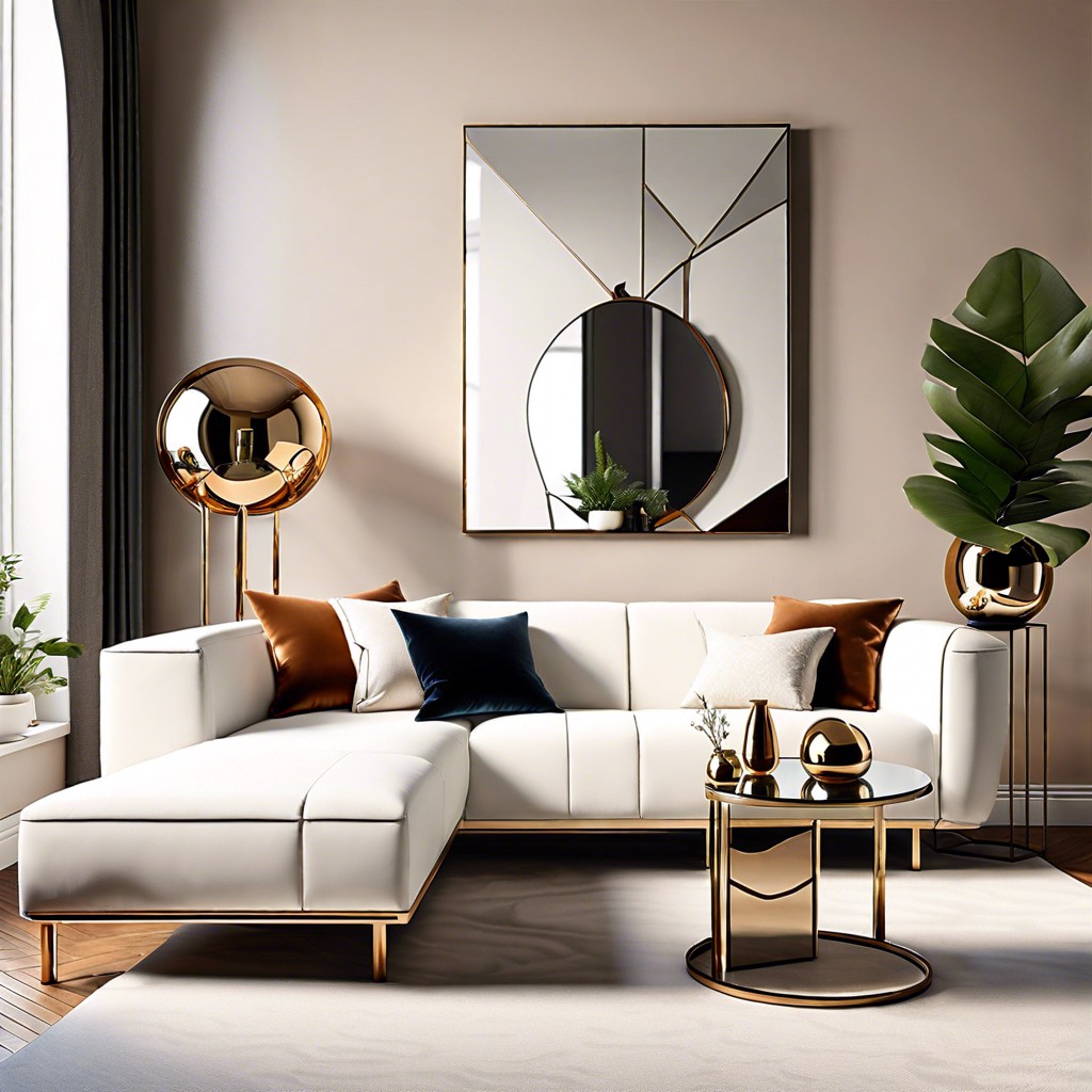 white sofas flanked by metal or mirrored side tables for a modern edge