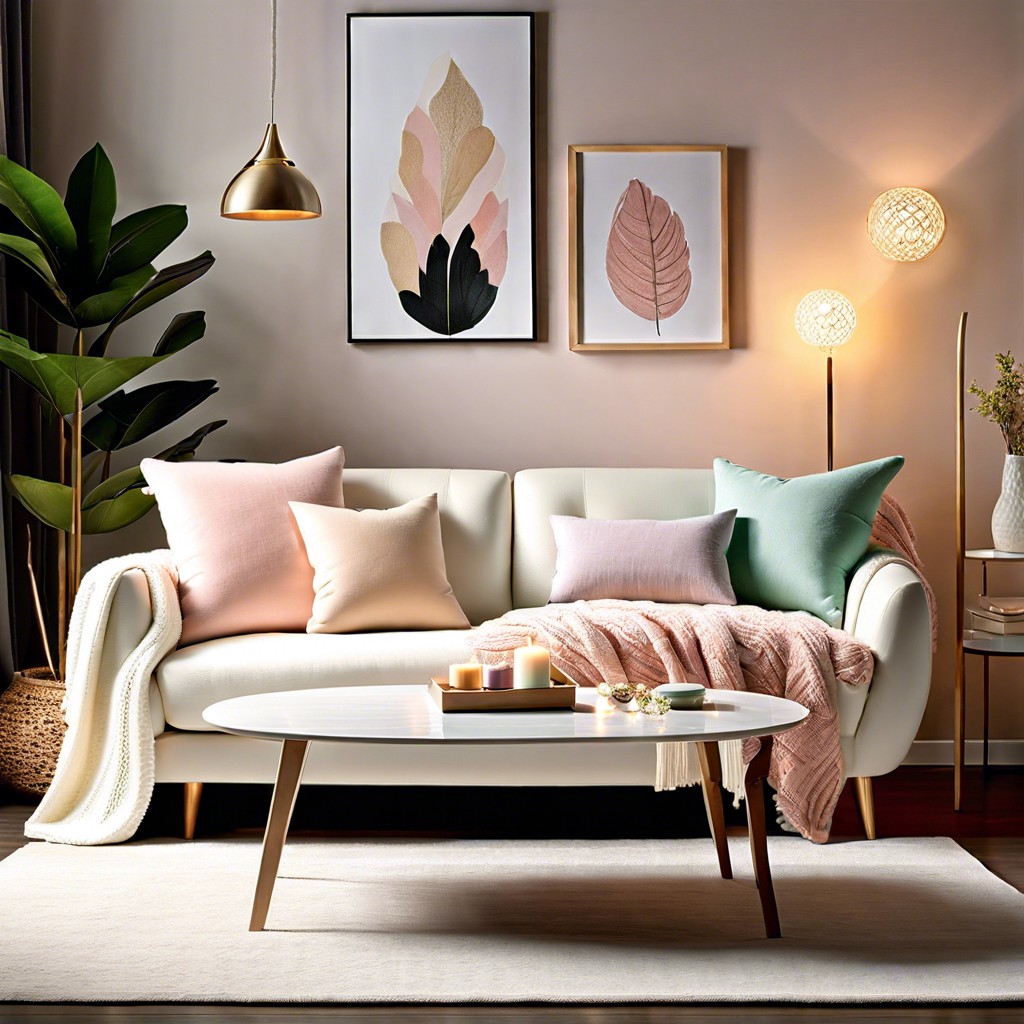 white sofas with pastel colored throw blankets for a gentle contrast