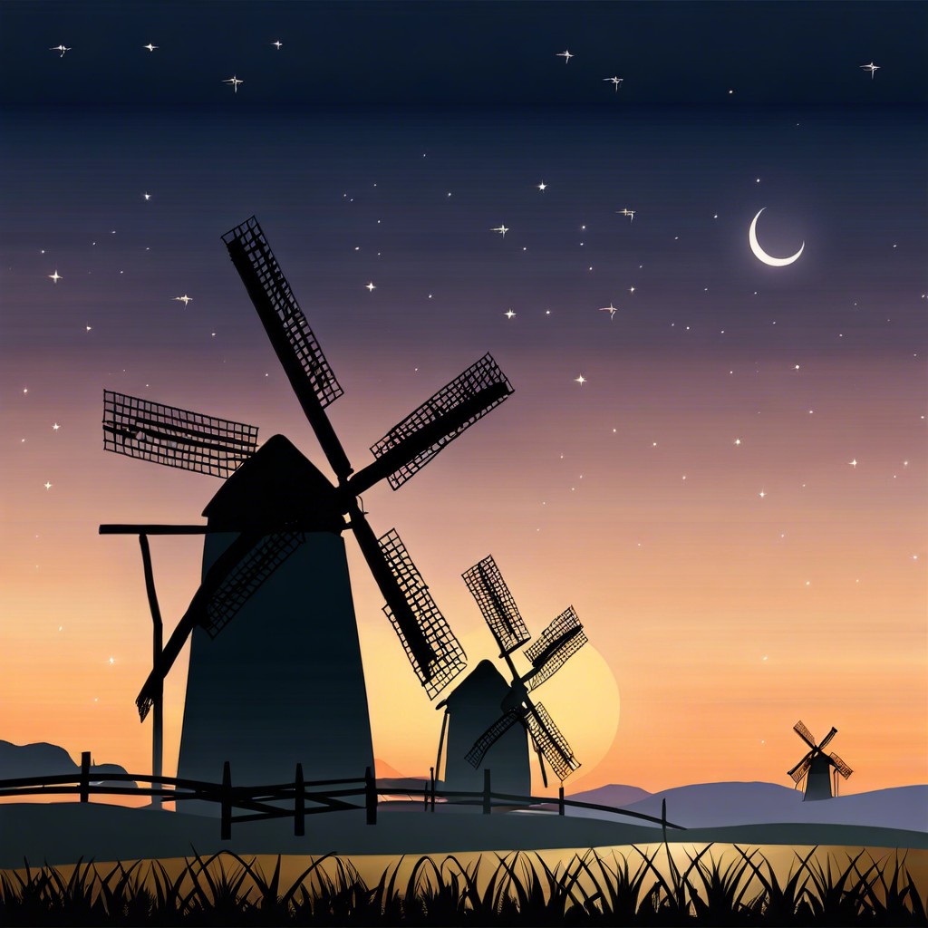 windmills in a field at twilight