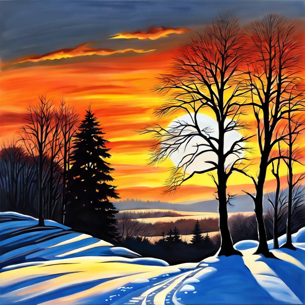 winter sunset with silhouette trees