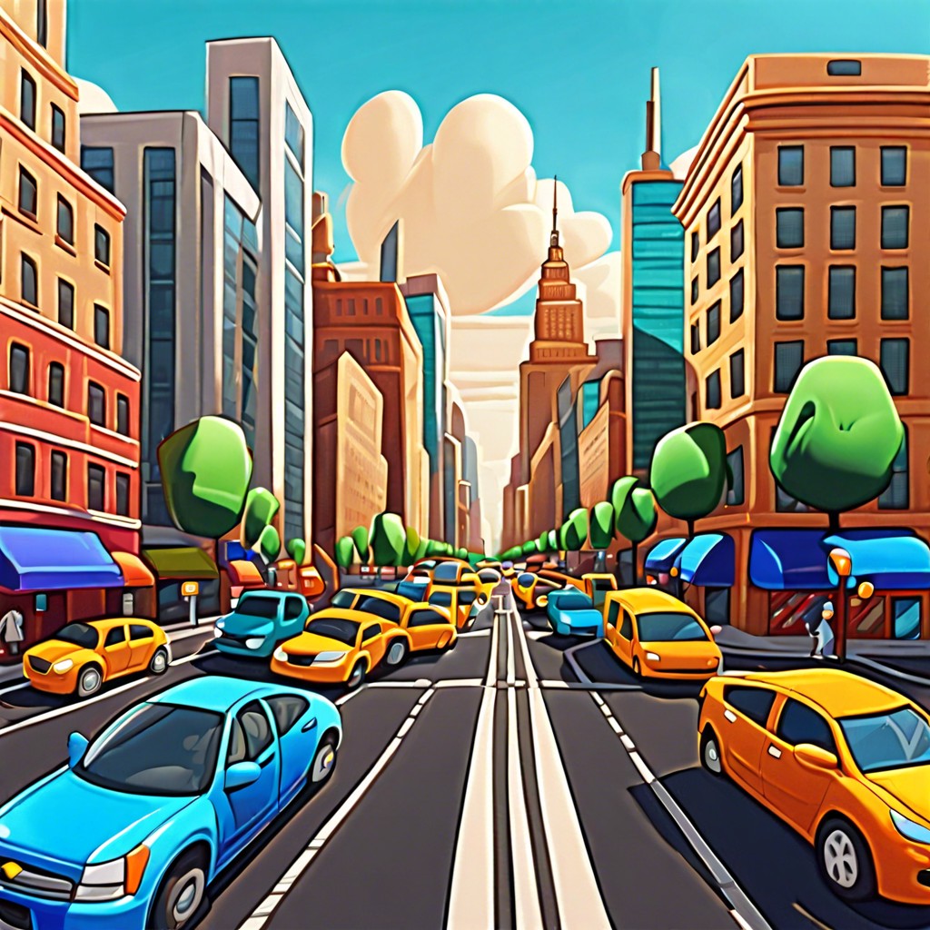 a bustling cartoon city during rush hour