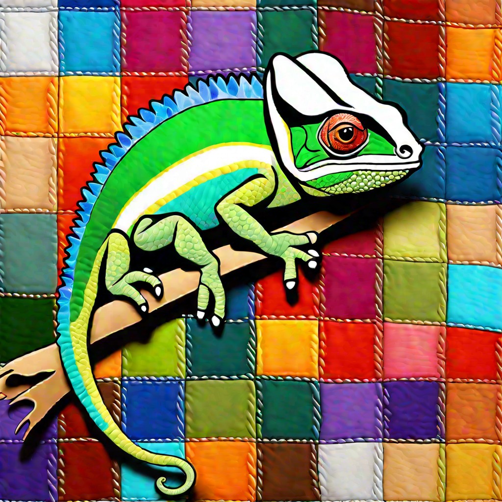 a chameleon changing colors on a patchwork quilt